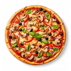 Veggie Supreme pizza isolated on transparent background top view 