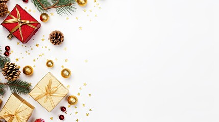 Fototapeta premium Christmas composition, gifts or present, red decorative, pine branches, cherry, gold stars, gristers on white background. xmas, celebrate new year, top view. holiday, birthday, valentine for card