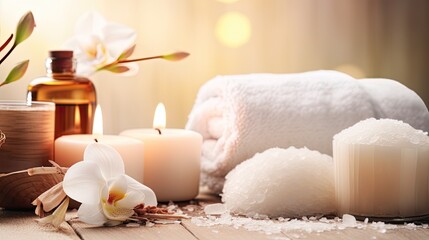 Obraz na płótnie Canvas Beautiful spa treatment composition such as Towels, candles, essential oils, Massage Stones on light wooden background. blur living room, natural creams and moisturising Healthy lifestyle, body care