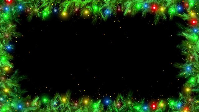 4K 3D Christmas festive snowflakes frame twinkling lights flashing, tree fir branches, decorations. Space for design greeting card, commercials. snowflakes. confetti, gift boxes. New Year Christmas