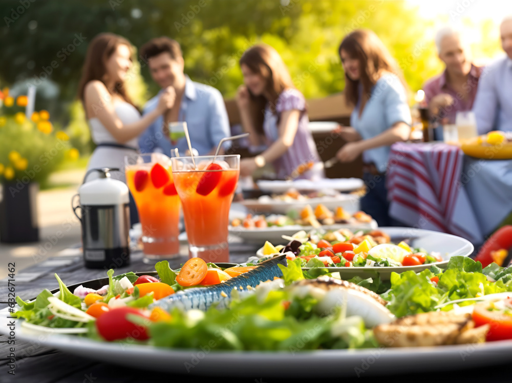 Wall mural Vegetarian barbecue party with fish, vegetables and salad, generative ai	
