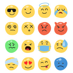 Various emoticon face illustration and icon for expressing emotions in chats in chat rooms.