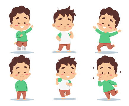 Set of little boys various poses and emotions cartoon vector