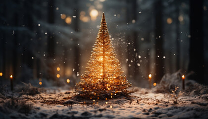 golden christmas tree in the night. christmas tree with golden sparkles surrounded by pine trees. decorated christmas tree