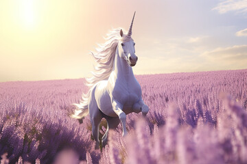 Obraz na płótnie Canvas Unicorn prancing through a field of lavender
