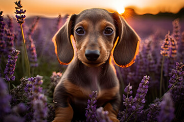 Happy  dachshund among lavender field flowers in nature, sunset