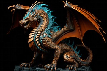 Fantasy style dragon. Symbol of the next 2024 year. Isolated on black.