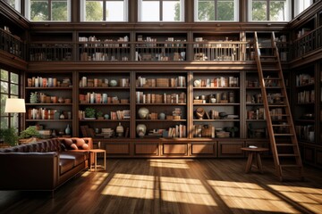 A home library with floor-to-ceiling wooden bookcases in a contemporary setting. Generative AI