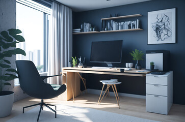 3D render of interior modern living room workspace with desk and desktop computer
