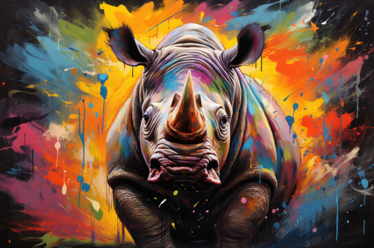 Lively colors enhance the presence of the rhinoceros in this AI-generated picture.