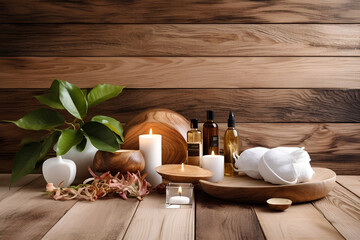 Beautiful spa composition on wooden background. Natural skincare cosmetic products