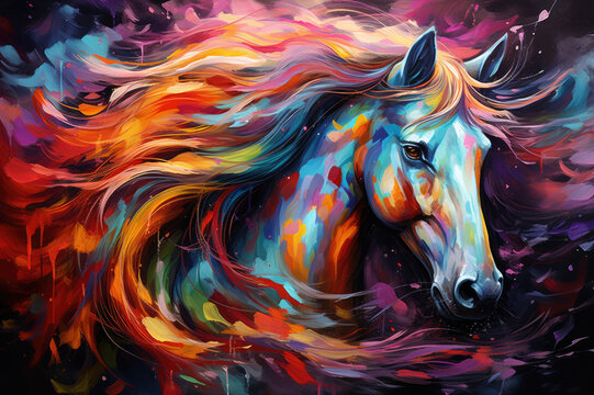 Dazzling pop art horse brought to life by AI, boasting bright and vibrant colors on a white canvas.