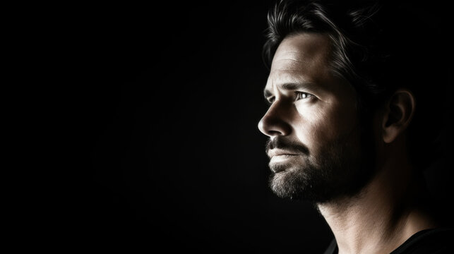 homme barbus de profil 30-35 ans sur fond noir