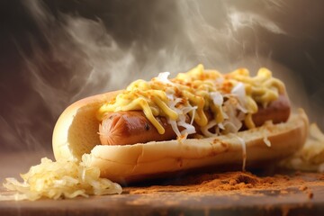 hot dog on a bun with sauerkraut and melted cheese