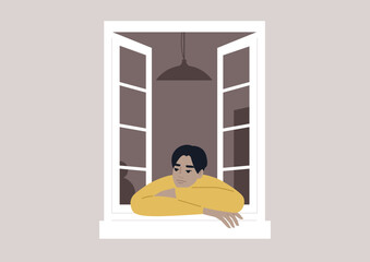 A disinterested character leans against an open window, idly observing the activities unfolding on the street with a sense of detachment