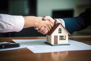 Real estate broker and customer shaking hands real estate purchase agreement after signing a contract. Home loan and insurance property concept. Buy and sell home model.