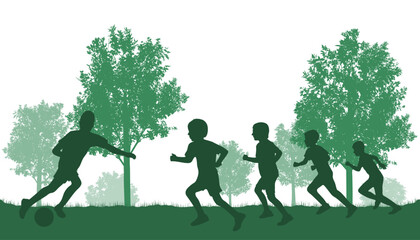Naklejka na ściany i meble Silhouettes of soccer players boys, kicking ball on background of trees. Street game. Vector illustration