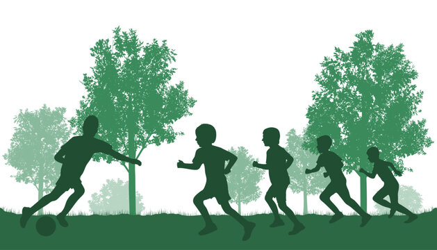 Silhouettes of soccer players boys, kicking ball on background of trees. Street game. Vector illustration