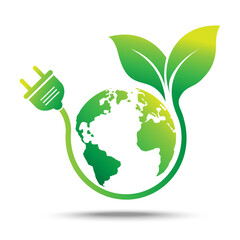 power plug with green earth. isolated on white background. ecology and sustainability concept. save nature the world. vector illustration in flat style modern design.