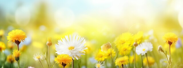 Beautiful summer natural background with yellow white flowers daisies, clovers and dandelions in grass against of dawn morning. Ultra-wide panoramic landscape, banner format