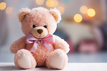 Cute toy bear with a bow on the pastel background 