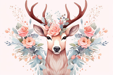 A reindeer with elegant antlers and a floral crown. .