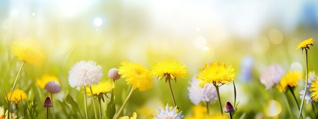 Fototapeta na wymiar Beautiful summer natural background with yellow white flowers daisies, clovers and dandelions in grass against of dawn morning. Ultra-wide panoramic landscape, banner format