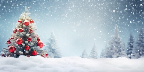 Fototapeta na wymiar Beautiful Festive Christmas snowy background. Christmas tree decorated with red balls and knitted toys in forest in snowdrifts in snowfall outdoors, banner format, copy space