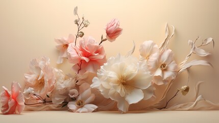 Flowers on a soft beige background in pastel rococo style.Generative AI