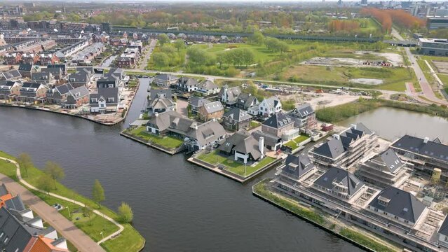 Aerial drone view on a residential area with many houses in Valkenburg, the Netherlands