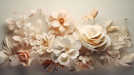 Flowers on a soft beige background in pastel rococo style.Generative AI