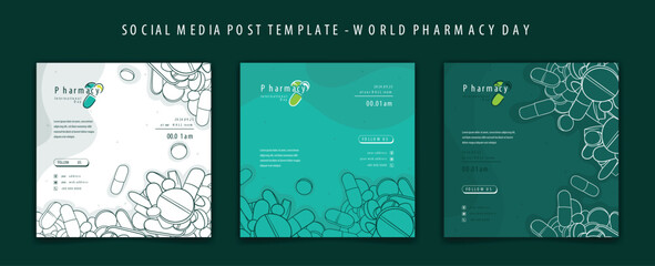 Set of social media post template in green design with cartoon drugs background for pharmacy design