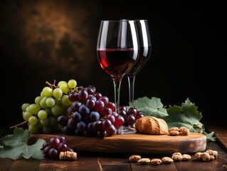 A glass of wine and some grapes on a table. AI.