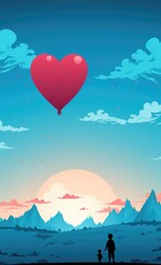 A person standing on a hill with a heart shaped balloon in the sky. AI.