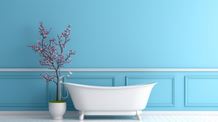 Obraz na płótnie Canvas A white bath tub sitting next to a blue wall. AI.