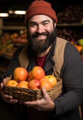 A man holding a basket full of oranges. AI.