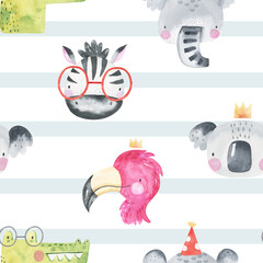 Seamless pattern with cute animals on a striped background. Watercolor African animals, elephant, zebra, koala, flamingo, crocodile. Print for children, textiles, fabric, baby products. Safari.
