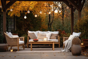A backyard patio with elegant outdoor furniture , autumn home decor - obrazy, fototapety, plakaty