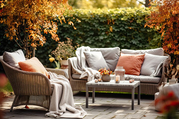 A backyard patio with elegant outdoor furniture , autumn home decor - obrazy, fototapety, plakaty