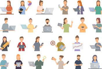 Social Media Manager icons set cartoon vector. Digital laptop. Process media