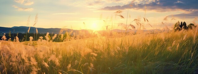 Beautiful natural panoramic countryside landscape. Blooming wild high grass in nature at sunset warm summer. Pastoral scenery. Selective focusing on foreground