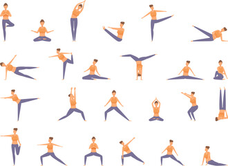 Fototapeta na wymiar Yoga instructor icons set cartoon vector. People fitness. Beauty sport