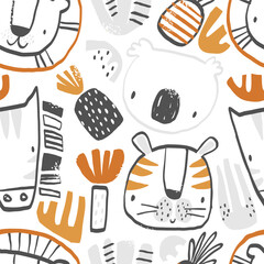 Vector seamless pattern with tropical animals. Print for kids with African animals. Tiger, koala, lion, zebra, palm tree, pineapple. Hand drawn texture for fabric, children's clothes, textiles.
