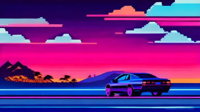 a car and a beach at the evening, with a sunset on the side, in the style of retrowave. pixel art. 4K. Generative AI