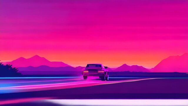 an abstract image of a car driving on the highway in a pink light, in the style of vintage poster design. pixel art. 4K. Generative AI