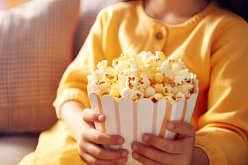 Close-up of little girls' hands reaching for popcorn 