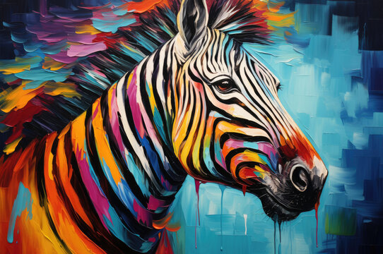 Futuristic Colored Zebra future of creative design with this AI-generated stock image, portraying a zebra in a futuristic setting.