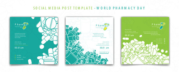 Set of social media post template with flat of drugs in cartoon for pharmacy day campaign - obrazy, fototapety, plakaty