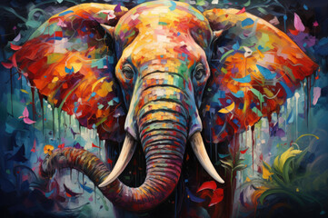 Rainbow Majesty: An AI masterpiece presents an enchanting elephant adorned in a kaleidoscope of colors. - obrazy, fototapety, plakaty