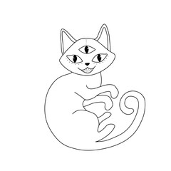 Cat with three eyes, halloween illustration, line art, doodle, vector